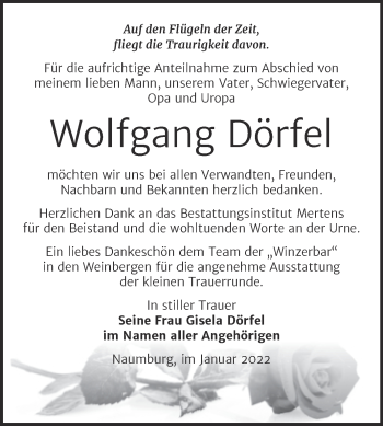 Traueranzeige von Wolfgang Dörfel von Naumburger Tageblatt