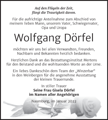 Traueranzeige von Wolfgang Dörfel von Wochenspiegel Naumburg/Nebra