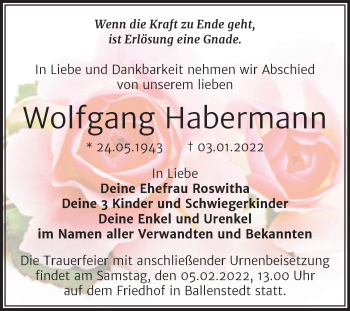 Traueranzeige von Wolfgang Habermann von Trauerkombi Quedlinburg