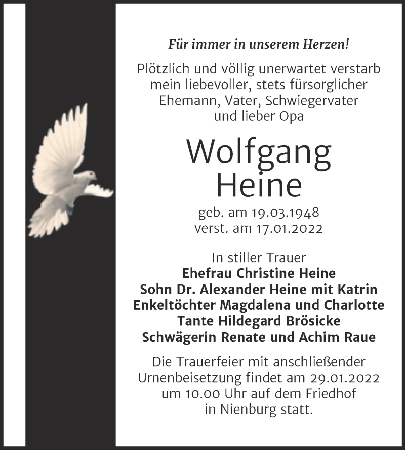 Traueranzeige für Wolfgang Heine vom 22.01.2022 aus Trauerkombi Bernburg