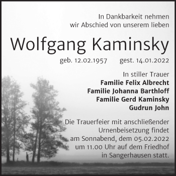 Traueranzeige von Wolfgang Kaminsky von Trauerkombi Sangerhausen