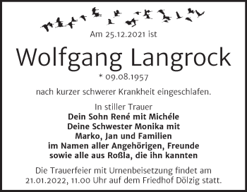 Traueranzeige von Wolfgang Langrock von Trauerkombi Merseburg