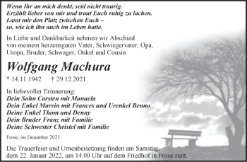 Traueranzeige von Wolfgang Machura von Trauerkombi Aschersleben