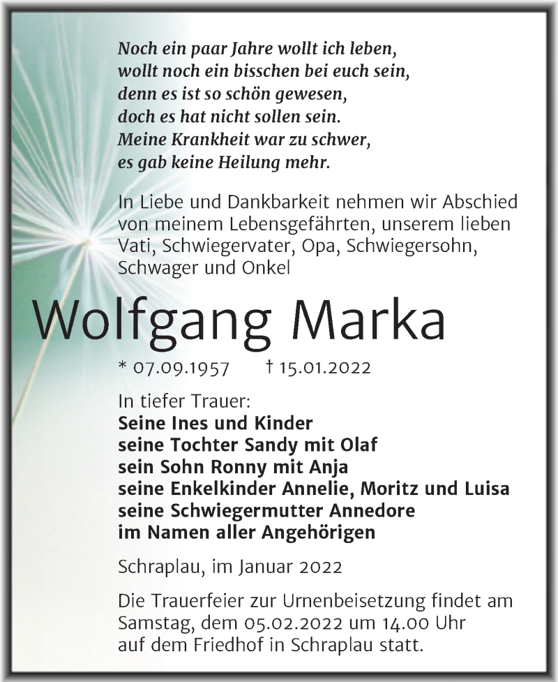  Traueranzeige für Wolfgang Marka vom 22.01.2022 aus Trauerkombi Merseburg