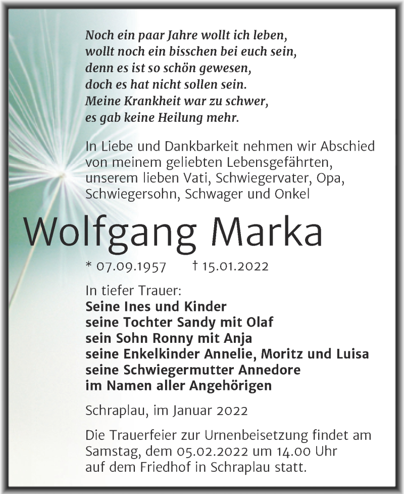  Traueranzeige für Wolfgang Marka vom 29.01.2022 aus Trauerkombi Merseburg