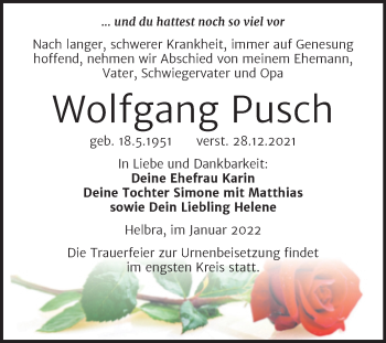 Traueranzeige von Wolfgang Pusch von Trauerkombi Mansfelder Land