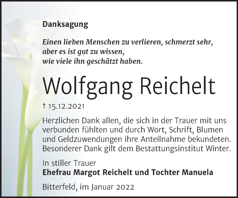  Traueranzeige für Wolfgang Reichelt vom 22.01.2022 aus Trauerkombi Bitterfeld