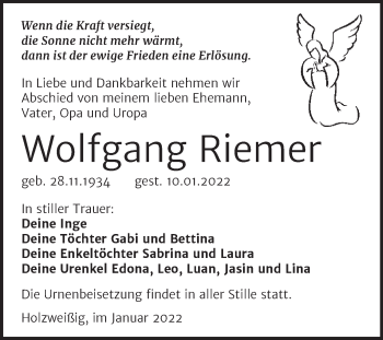 Traueranzeige von Wolfgang Riemer von Trauerkombi Bitterfeld