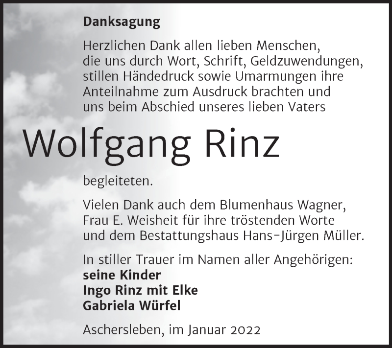  Traueranzeige für Wolfgang Rinz vom 14.01.2022 aus Trauerkombi Aschersleben