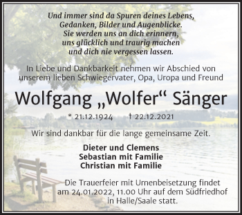 Traueranzeige von Wolfgang Sänger von Mitteldeutsche Zeitung Halle/Saalkreis