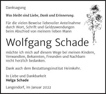 Traueranzeige von Wolfgang Schade von Trauerkombi Weißenfels