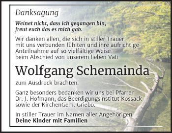 Traueranzeige von Wolfgang Schemainda von Trauerkombi Wittenberg