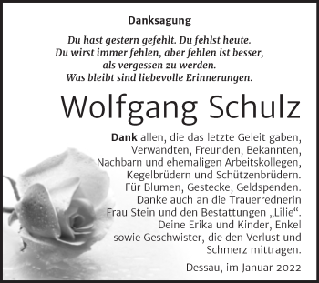 Traueranzeige von Wolfgang Schulz von Trauerkombi Dessau