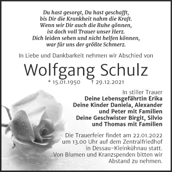 Traueranzeige von Wolfgang Schulz von Trauerkombi Dessau