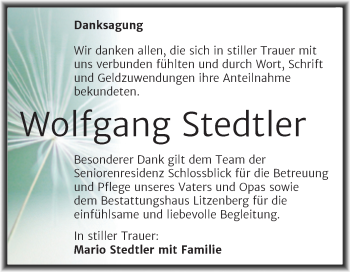 Traueranzeige von Wolfgang Stedtler von Trauerkombi Mansfelder Land