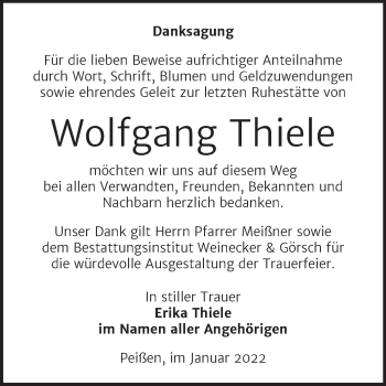 Traueranzeige von Wolfgang Thiele von Trauerkombi Bernburg