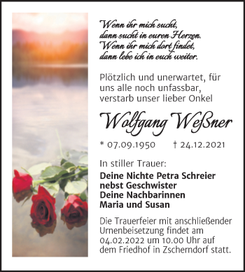 Traueranzeige von Wolfgang Weßner von Trauerkombi Bitterfeld