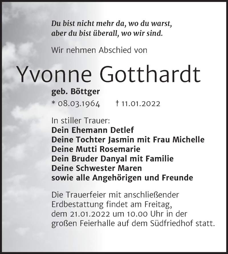  Traueranzeige für Yvonne Gotthardt vom 15.01.2022 aus Mitteldeutsche Zeitung Halle/Saalkreis