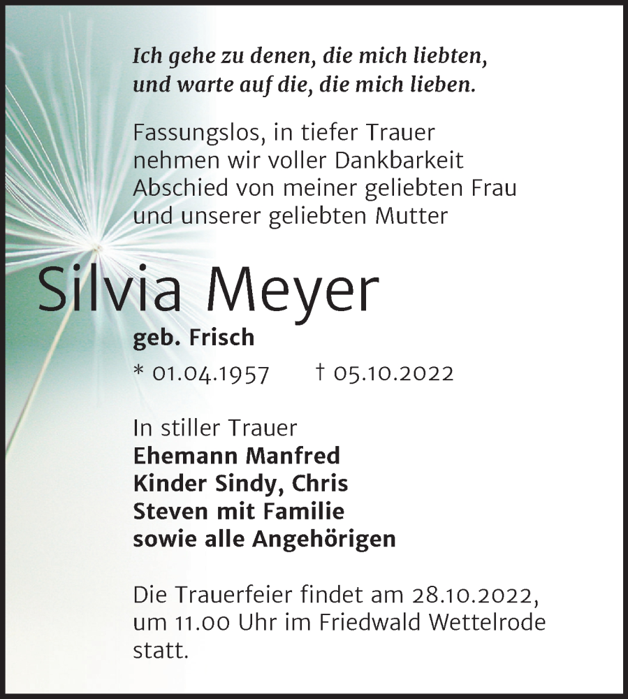  Traueranzeige für Silvia Meyer vom 19.10.2022 aus Trauerkombi Sangerhausen