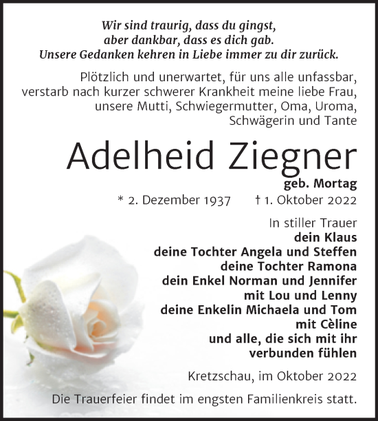 Traueranzeige von Adelheid Ziegner von Trauerkombi Zeitz