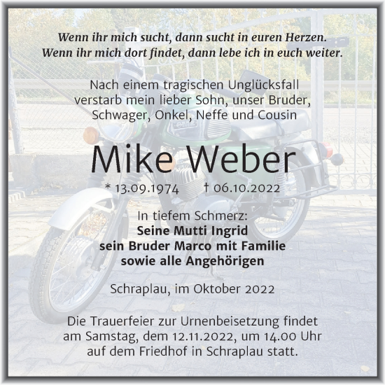 Traueranzeige von Mike Weber von Trauerkombi Merseburg