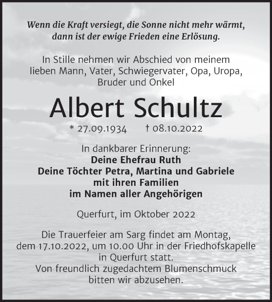 Traueranzeige von Albert Schultz von Trauerkombi Merseburg