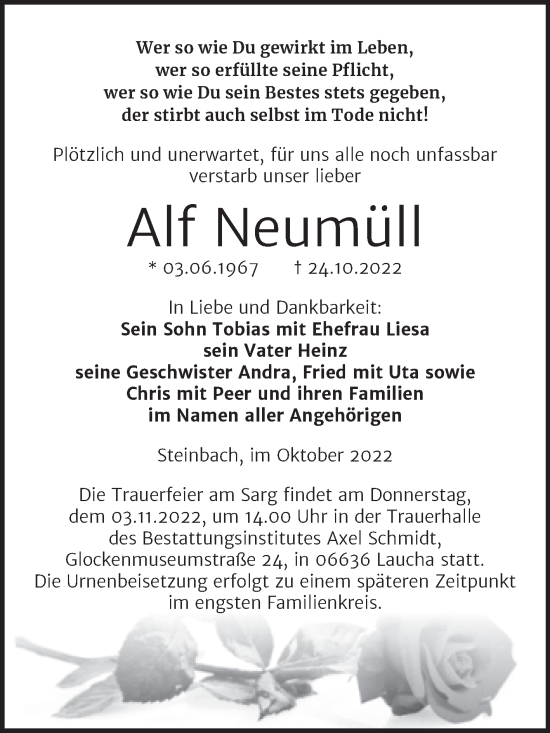 Traueranzeige von Alf Neumüll von Naumburger Tageblatt
