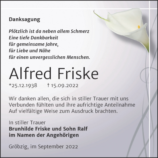 Traueranzeige von Alfred Friske von Trauerkombi Köthen