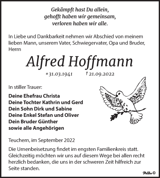 Traueranzeige von Alfred Hoffmann von Trauerkombi Weißenfels