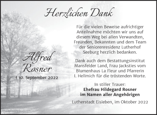 Traueranzeige von Alfred Rosner von Trauerkombi Mansfelder Land