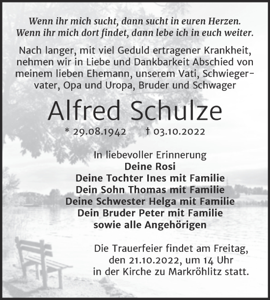 Traueranzeige von Alfred Schulze von Trauerkombi Weißenfels