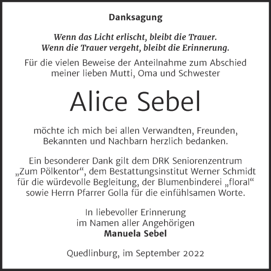Traueranzeige von Alice Sebel von Trauerkombi Quedlinburg