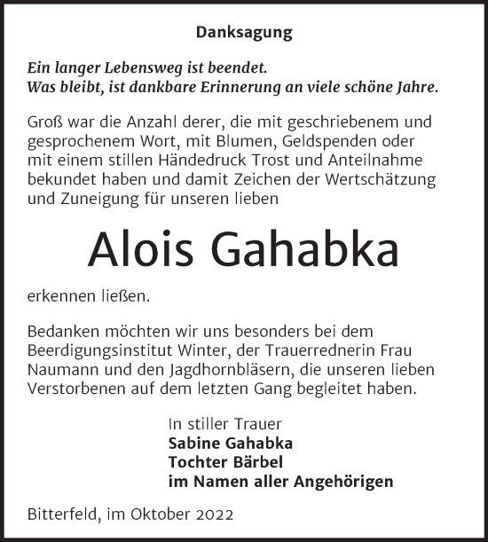 Traueranzeige von Alois Gahabka von Trauerkombi Bitterfeld