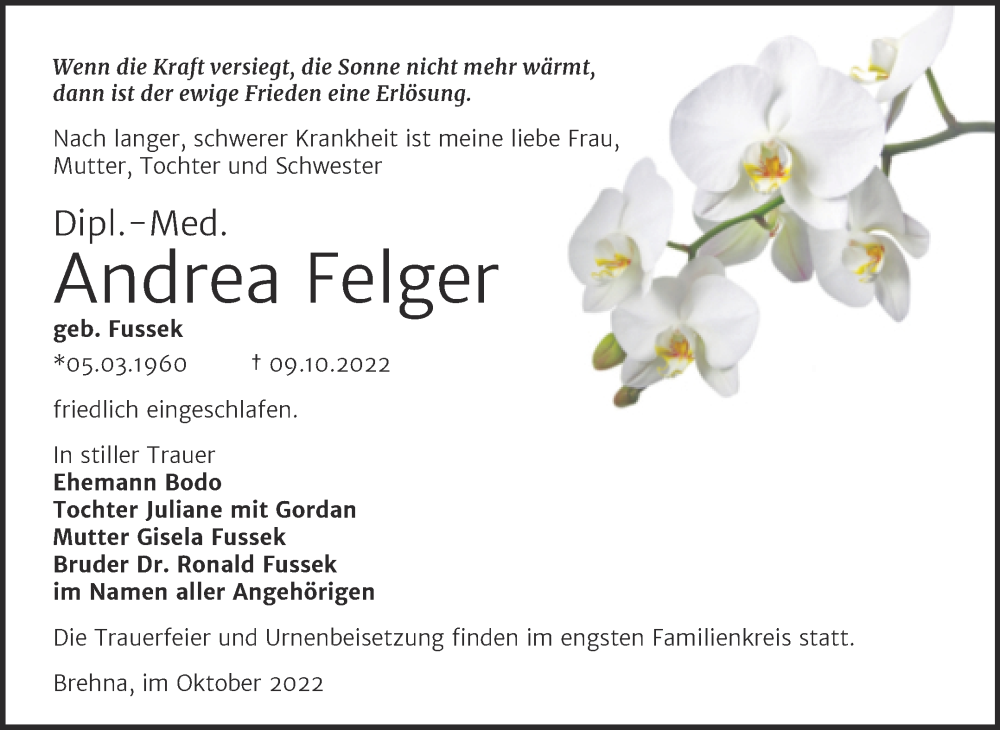  Traueranzeige für Andrea Felger vom 26.10.2022 aus Trauerkombi Bitterfeld