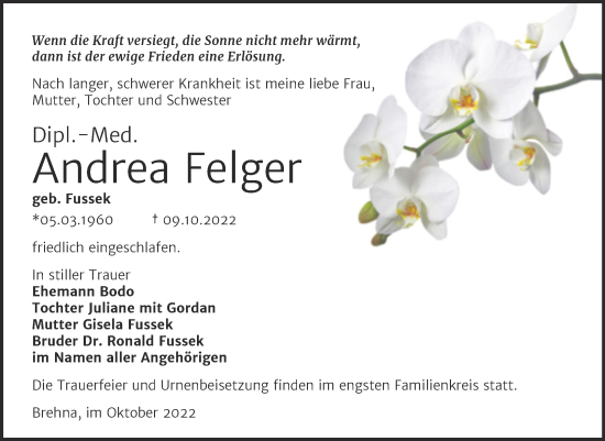 Traueranzeige von Andrea Felger von Trauerkombi Bitterfeld