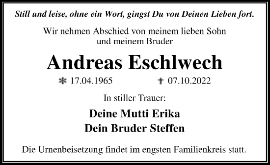 Traueranzeige von Andreas Eschlwech von Trauerkombi Wittenberg