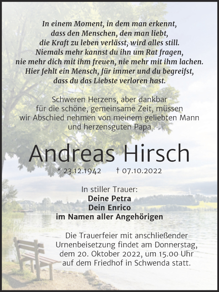  Traueranzeige für Andreas Hirsch vom 12.10.2022 aus Trauerkombi Sangerhausen