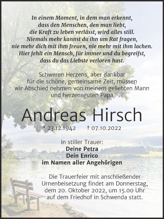 Traueranzeige von Andreas Hirsch von Trauerkombi Sangerhausen
