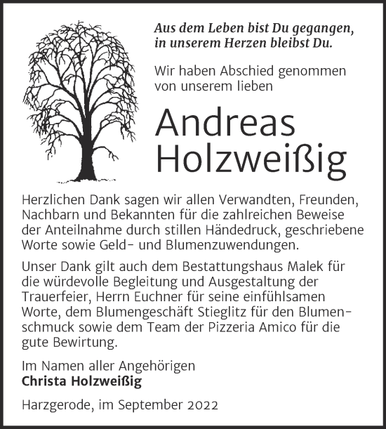 Traueranzeige von Andreas Holzweißig von Trauerkombi Quedlinburg