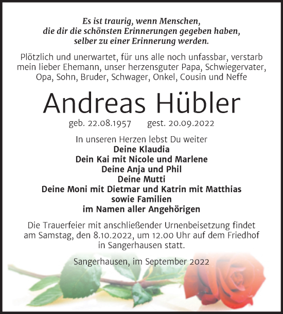 Traueranzeige von Andreas Hübler von Trauerkombi Sangerhausen