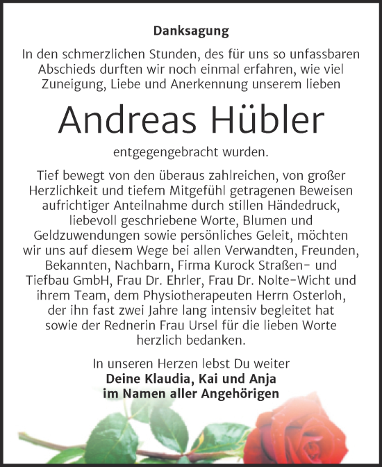 Traueranzeige von Andreas Hübler von Trauerkombi Sangerhausen