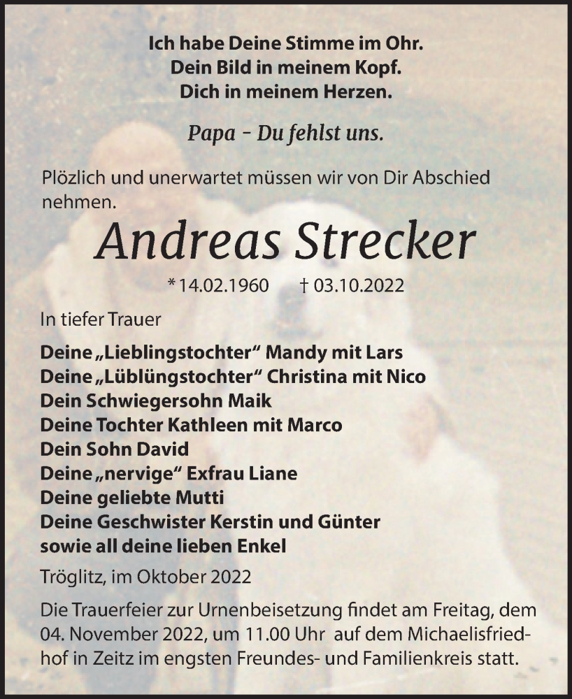  Traueranzeige für Andreas Strecker vom 15.10.2022 aus Trauerkombi Zeitz