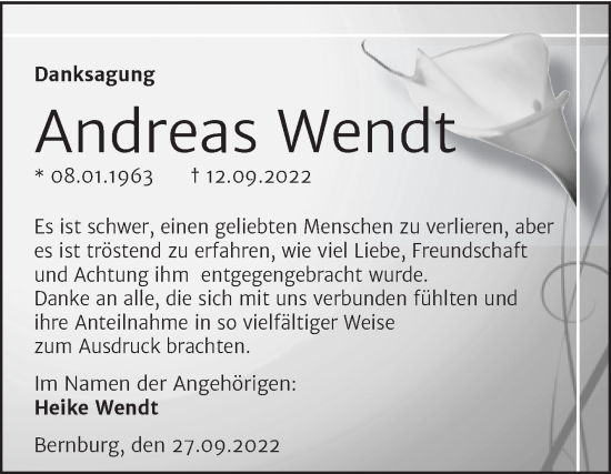 Traueranzeige von Andreas Wendt von Trauerkombi Bernburg