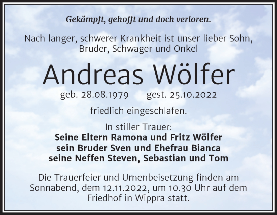 Traueranzeige von Andreas Wölfer von Trauerkombi Mansfelder Land