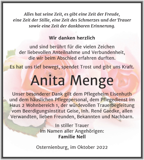 Traueranzeige von Anita Menge von Trauerkombi Köthen