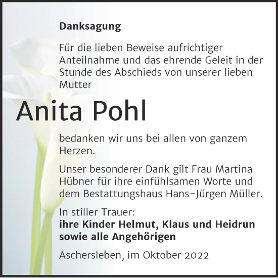 Traueranzeige von Anita Pohl von Trauerkombi Aschersleben