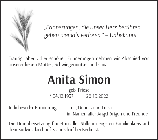 Traueranzeige von Anita Simon von Trauerkombi Wittenberg