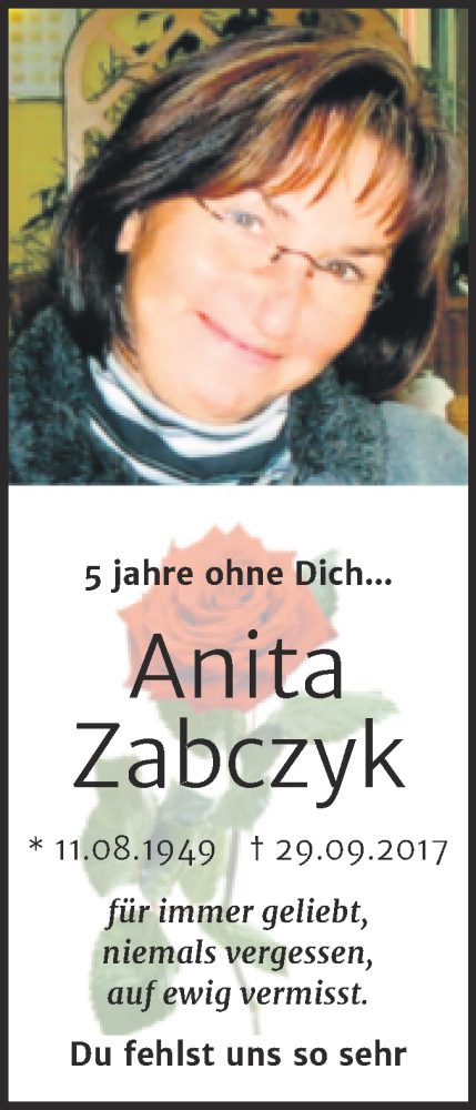  Traueranzeige für Anita Zabczyk vom 01.10.2022 aus Trauerkombi Merseburg