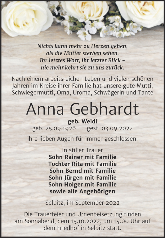 Traueranzeige von Anna Gebhardt von Trauerkombi Wittenberg