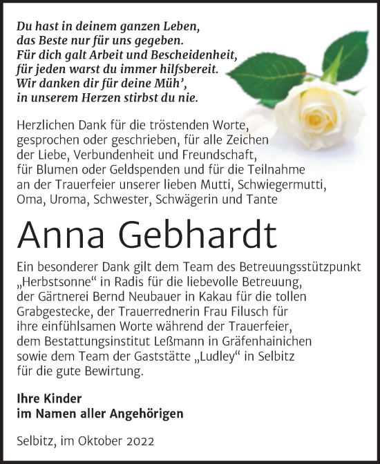 Traueranzeige von Anna Gebhardt von Trauerkombi Wittenberg